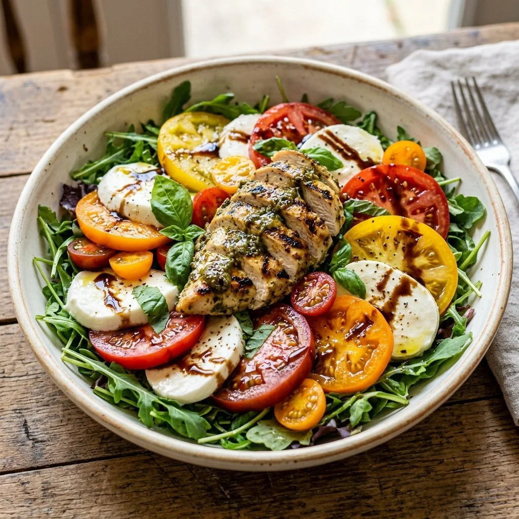 Delicious Chicken Caprese Salad with chicken breast, tomatoes, basil, and mozzarella cheese