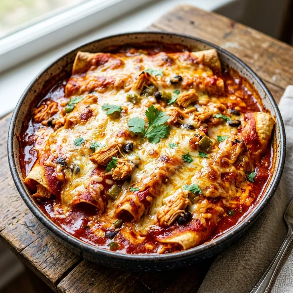 Delicious Chicken Enchilada Bake topped with melted cheese and fresh ingredients.