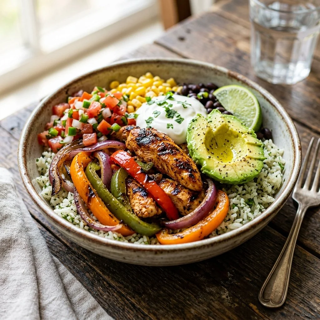 Delicious chicken fajita bowl with colorful vegetables and spices