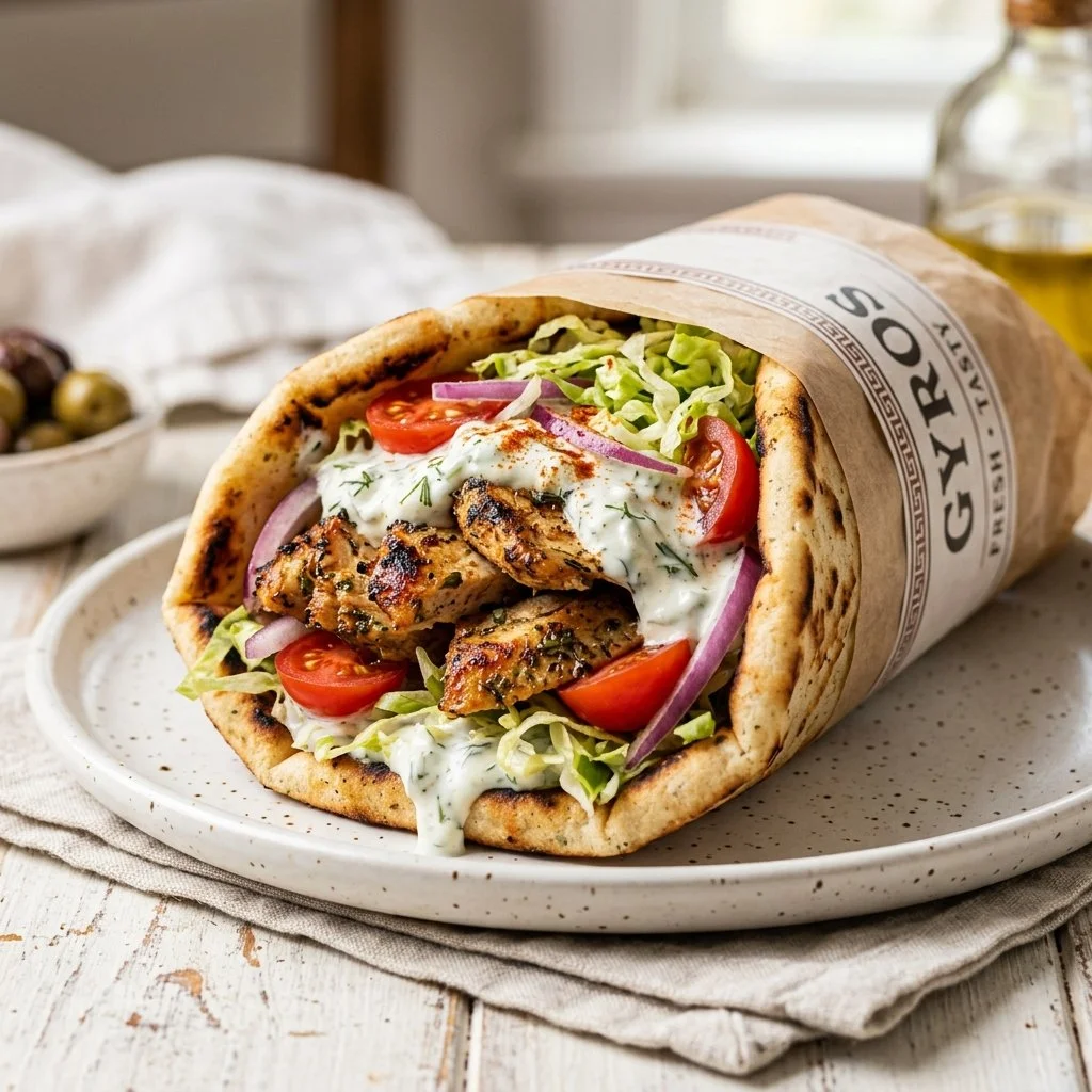Delicious Chicken Gyros served with fresh ingredients and tzatziki sauce