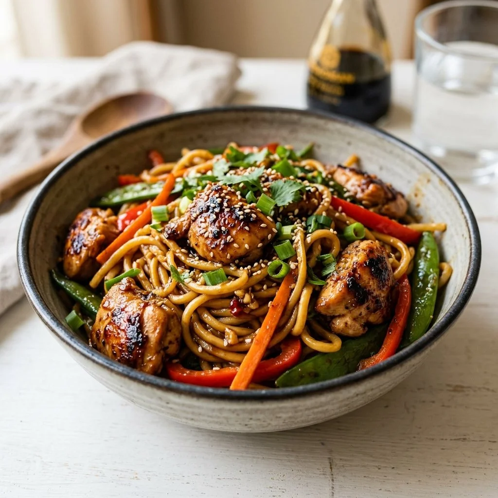 Delicious Chicken Lo Mein with tender chicken pieces and colorful vegetables