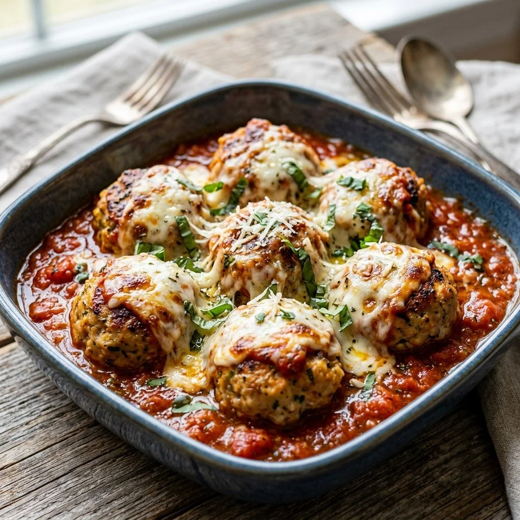 Delicious Chicken Parm Meatballs served with marinara and cheese