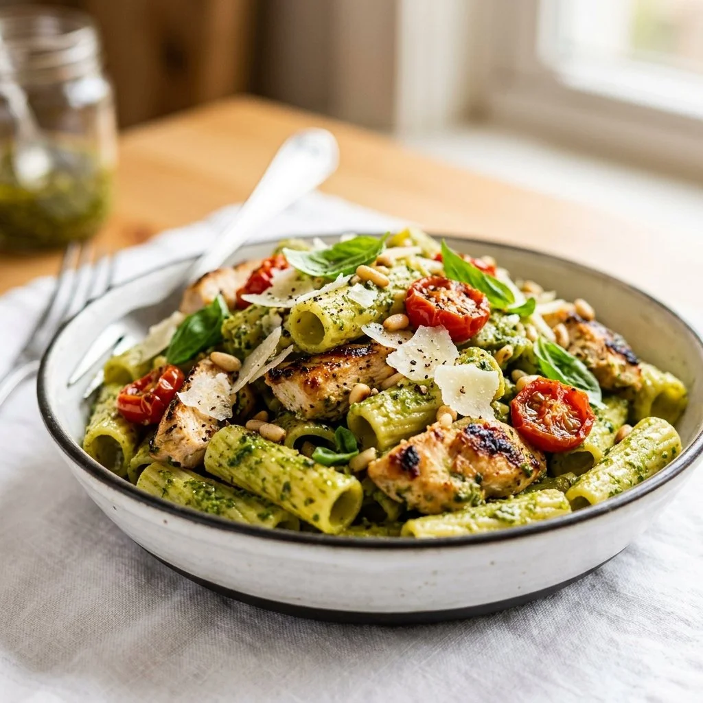 Delicious Chicken Pesto Pasta with herbs and grilled chicken served in a bowl.
