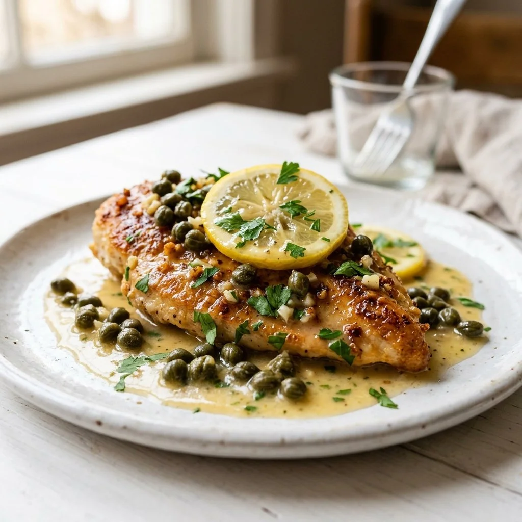 Plate of Chicken Piccata garnished with parsley and lemon slices