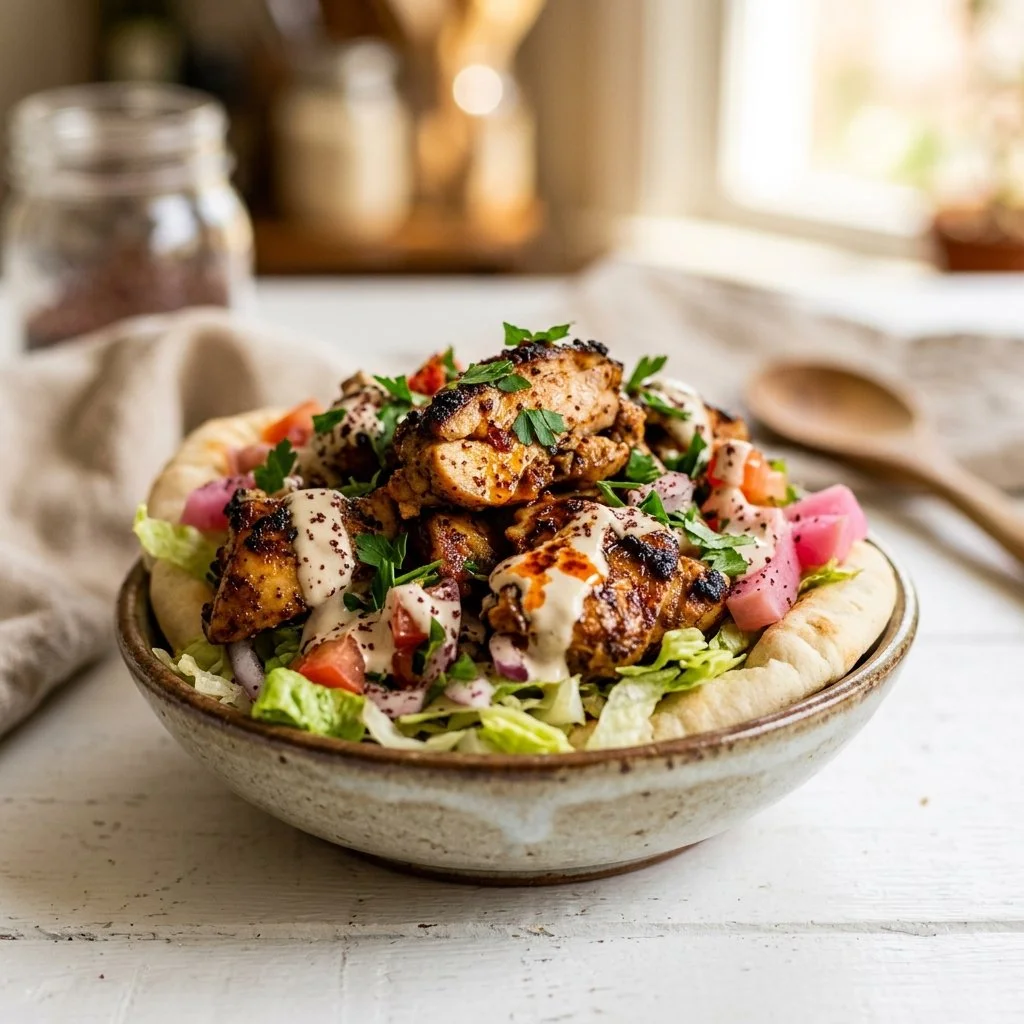 Plate of homemade Chicken Shawarma served with fresh toppings and pita bread