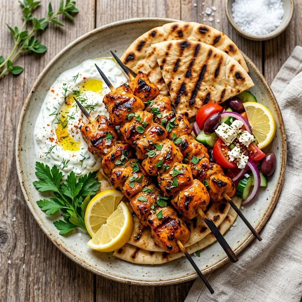 Grilled Chicken Souvlaki skewers with fresh vegetables and tzatziki sauce