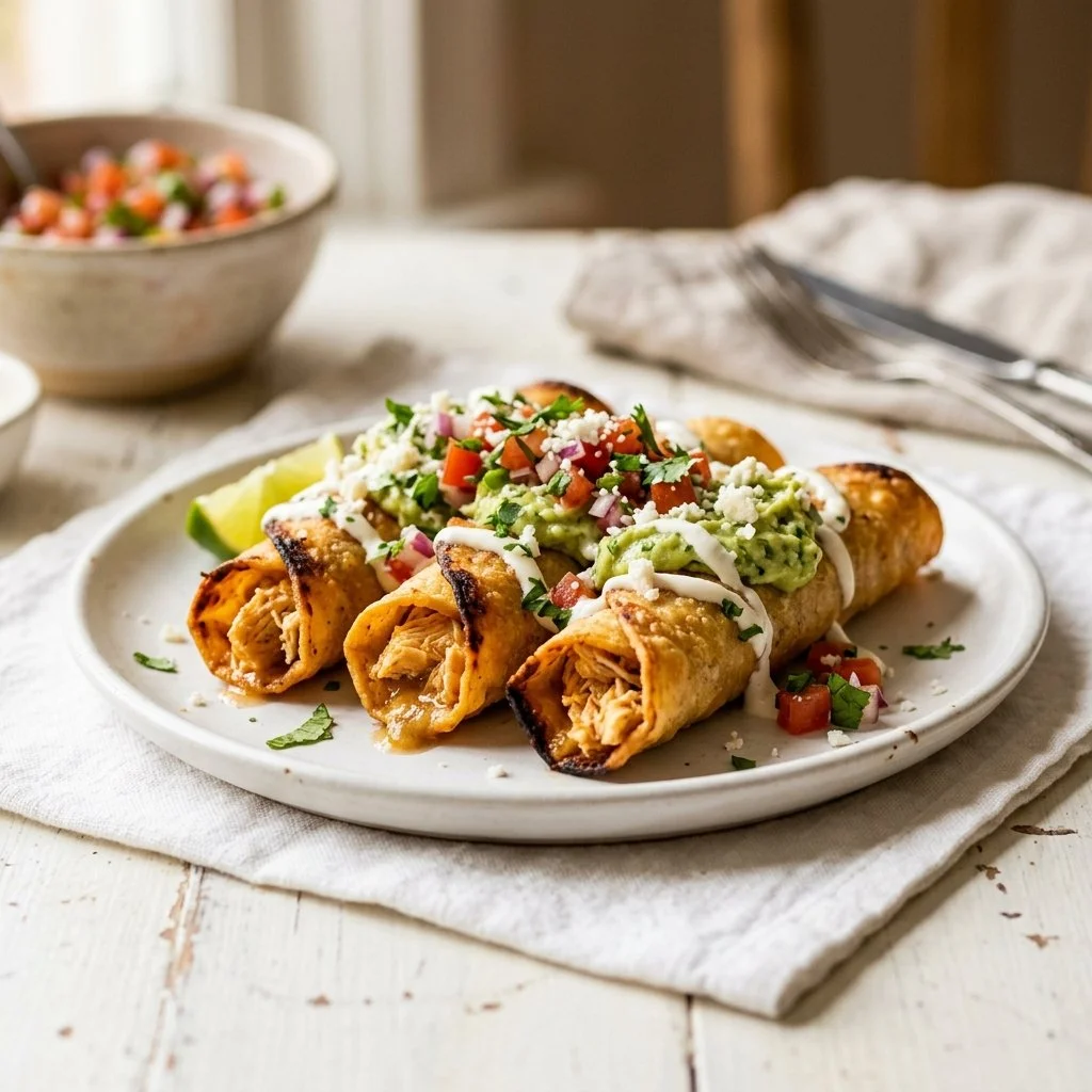Delicious Chicken Taquitos served with salsa and guacamole