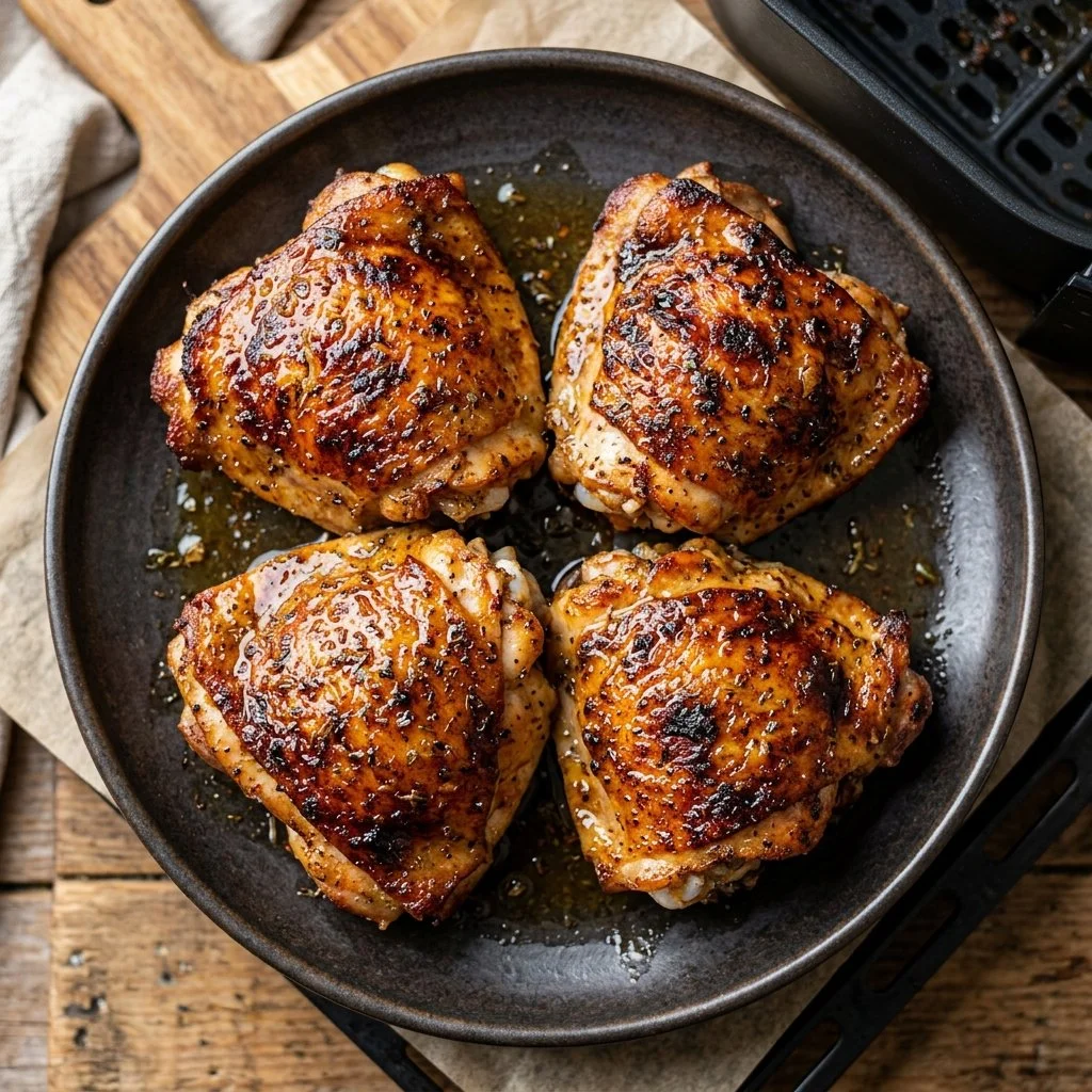 Crispy air fryer chicken thighs served on a plate with herbs