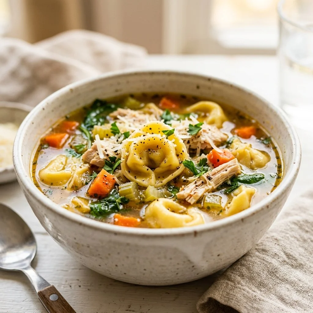 Bowl of Chicken Tortellini Soup with fresh herbs and vegetables