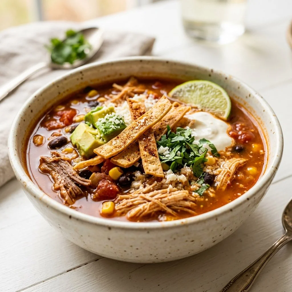 Bowl of Chicken Tortilla Soup topped with tortilla strips and fresh herbs