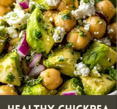 Chickpea feta avocado salad in a bowl, vibrant and nutritious meal option.
