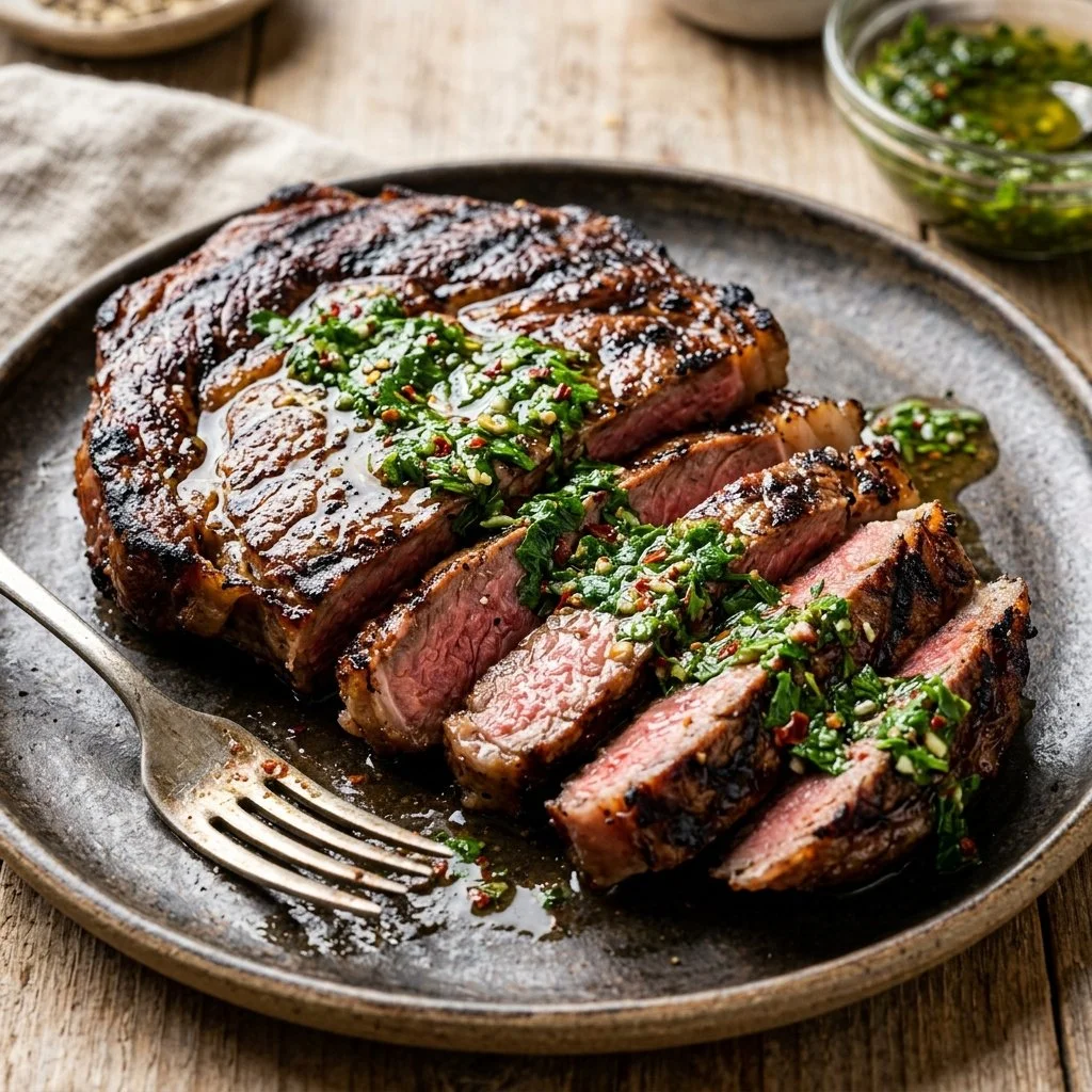 Juicy chimichurri steak with fresh herbs and spices on a plate