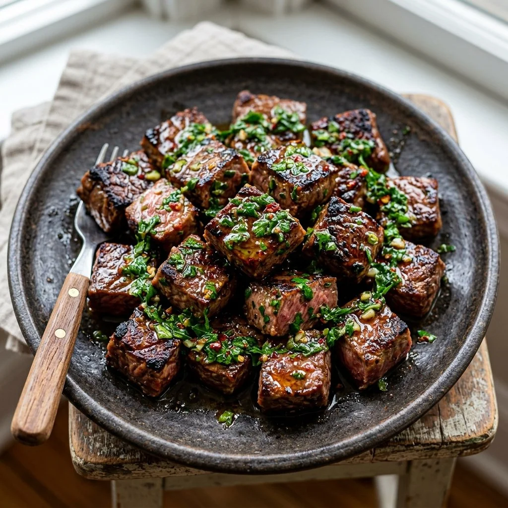 Delicious chimichurri steak bites served on a platter