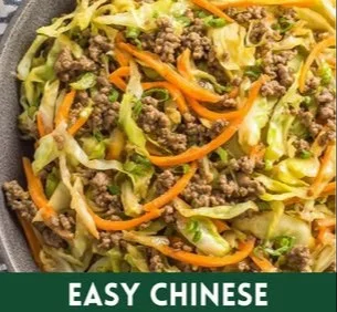 Chinese ground beef and cabbage stir fry in a colorful bowl