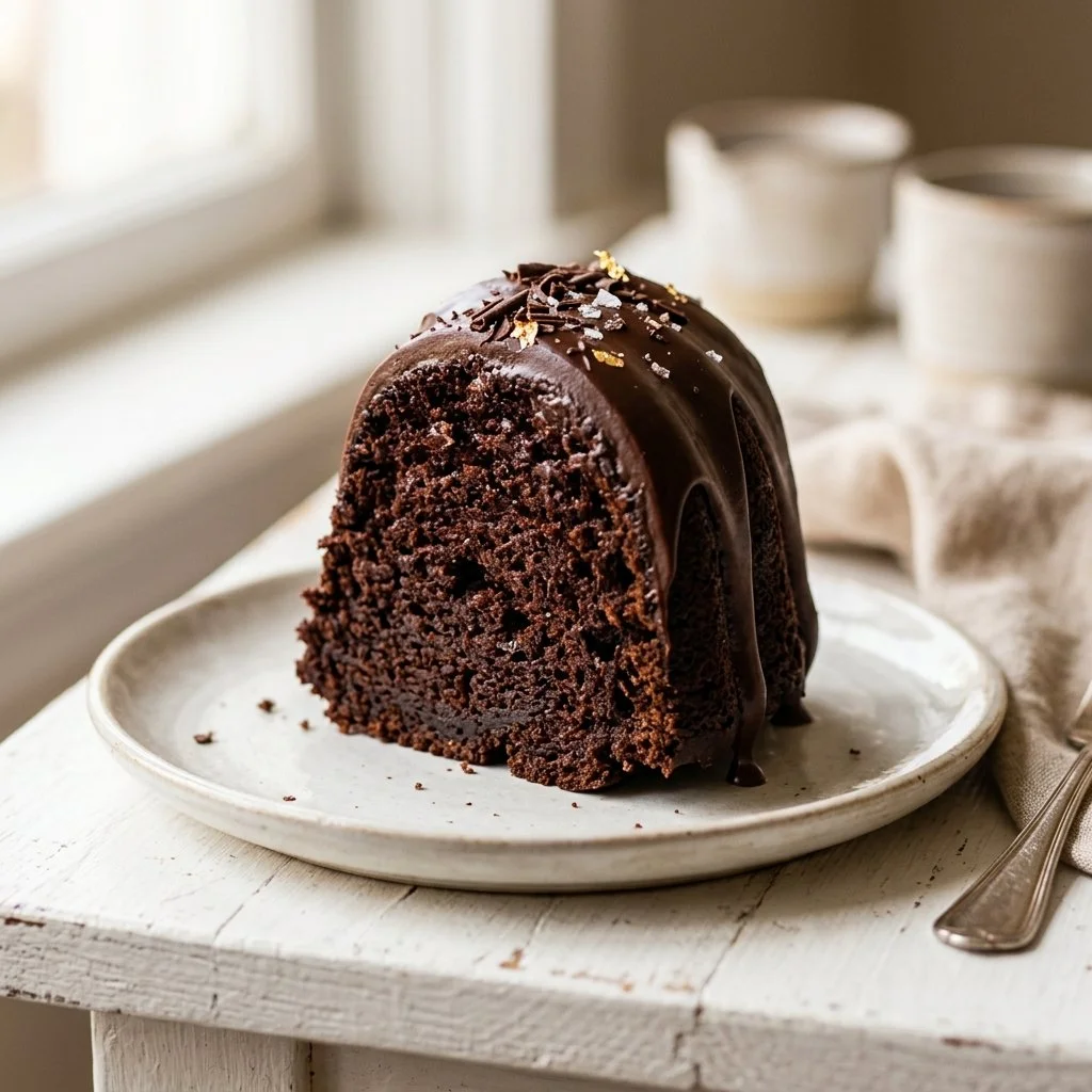 Decadent Chocolate Bundt Cake topped with chocolate glaze and sprinkles