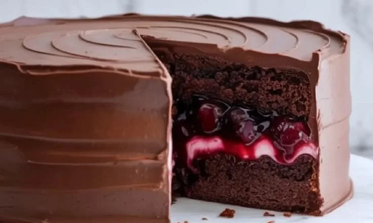Chocolate cake filled with cherry pie filling garnished with cherries