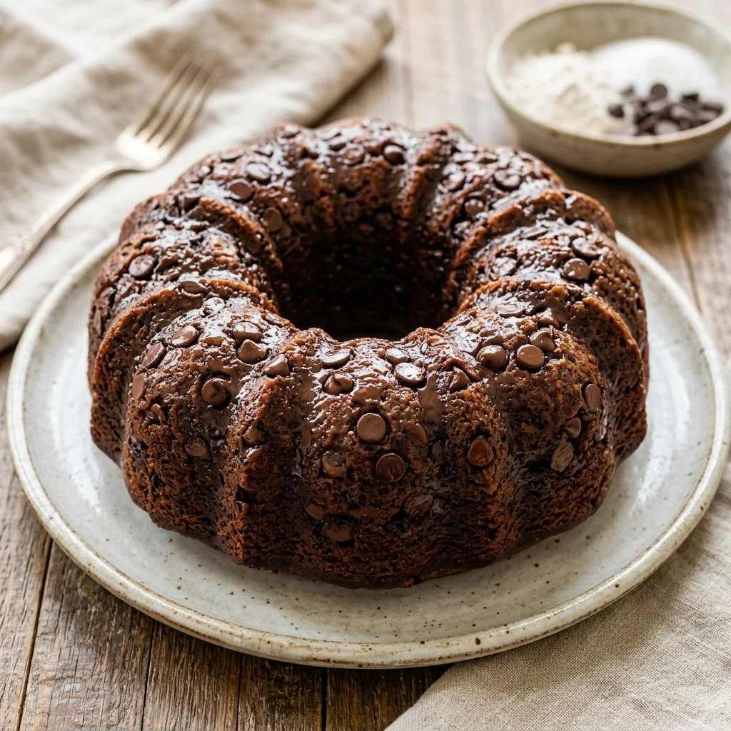 Sliced Chocolate Chip Bundt Cake on a plate, showcasing its moist texture and chocolate chips.