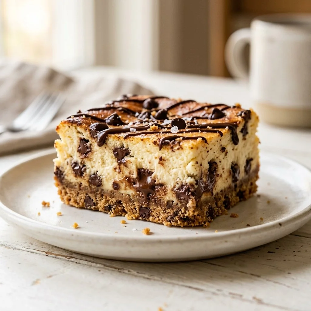 Chocolate Chip Cheesecake Bars with chocolate chips and creamy filling.