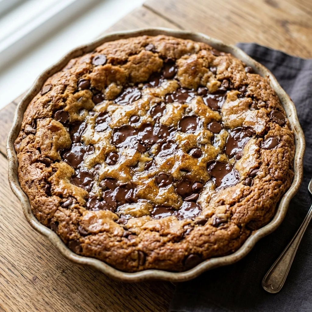 Delicious chocolate chip cookie pie fresh out of the oven