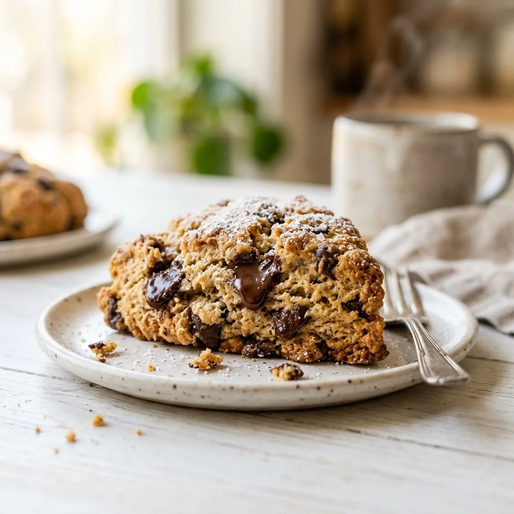 Freshly baked chocolate chip scones on a plate with chocolate chips