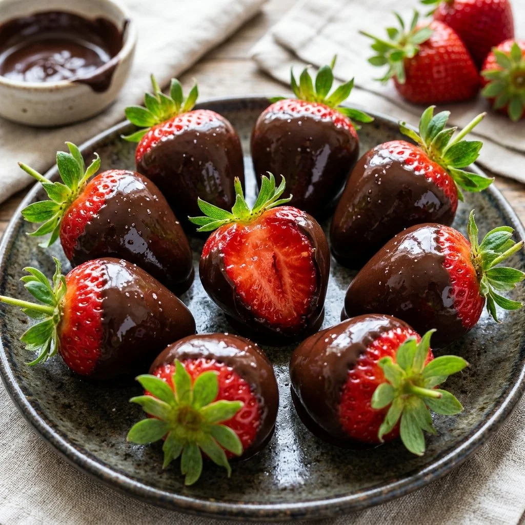 Delicious chocolate covered strawberries on a table