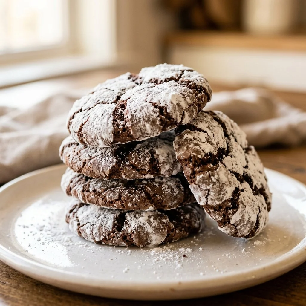 Freshly baked Chocolate Crinkle Cookies dusted with powdered sugar.