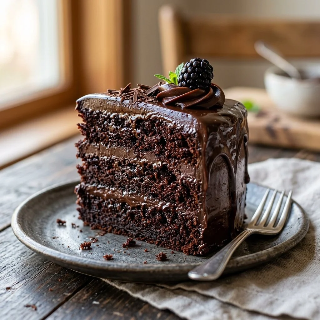 Delicious Chocolate Ganache Cake topped with glossy chocolate icing