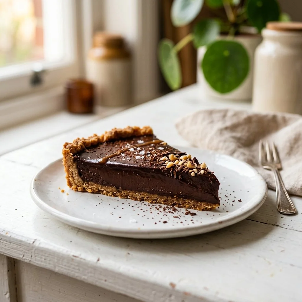 Decadent chocolate ganache tart served on a white plate