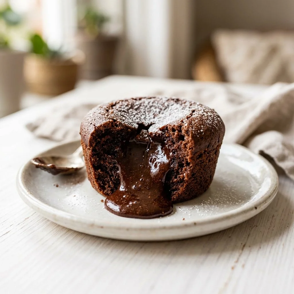 Delicious Chocolate Lava Cake with a molten center, served on a plate.
