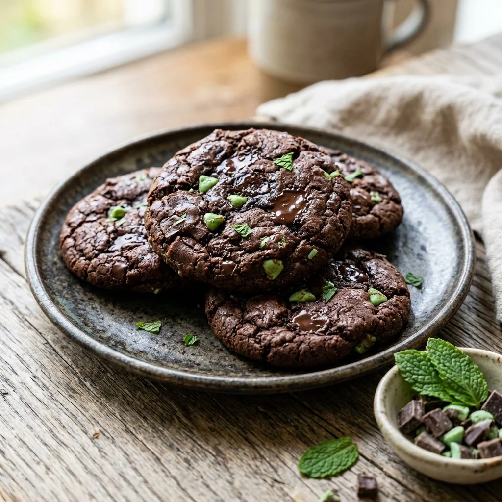 A plate of homemade Chocolate Mint Cookies, rich and refreshing with mint flavor.