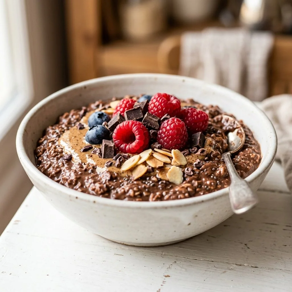 A bowl of Chocolate Overnight Oats topped with berries and chocolate shavings