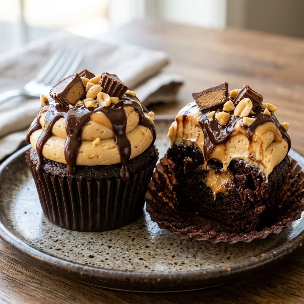 Delicious chocolate peanut butter cupcakes topped with creamy frosting