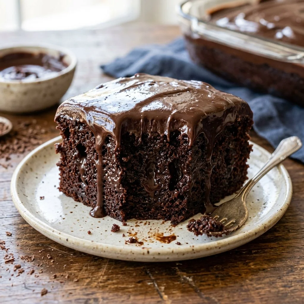 Delicious Chocolate Poke Cake topped with creamy chocolate frosting.