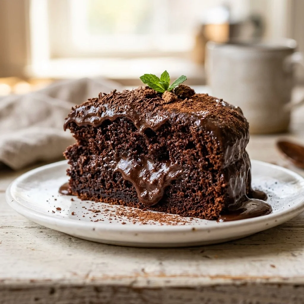Delicious chocolate pudding cake topped with whipped cream and chocolate shavings.