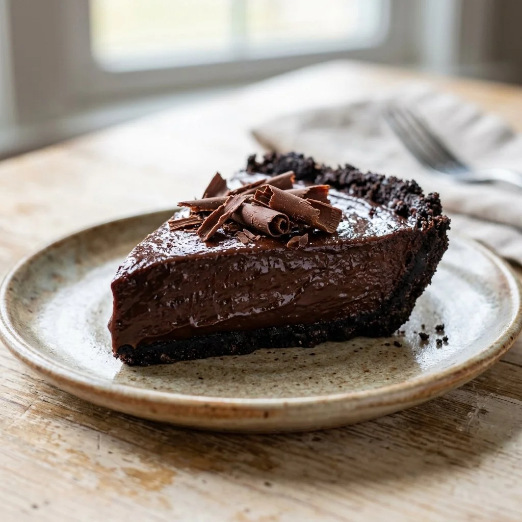 Sliced Chocolate Silk Pie topped with whipped cream on a plate