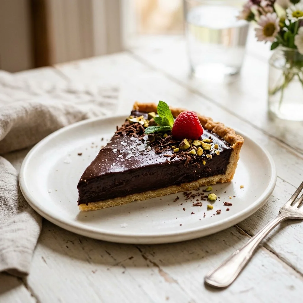 Delicious chocolate tart dessert showcasing rich chocolate filling and crust.