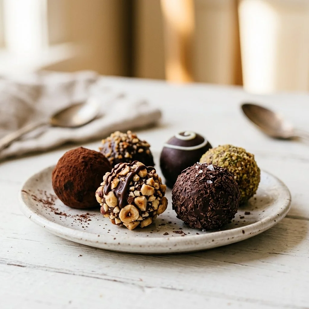 Delicious handmade chocolate truffles on a decorative plate