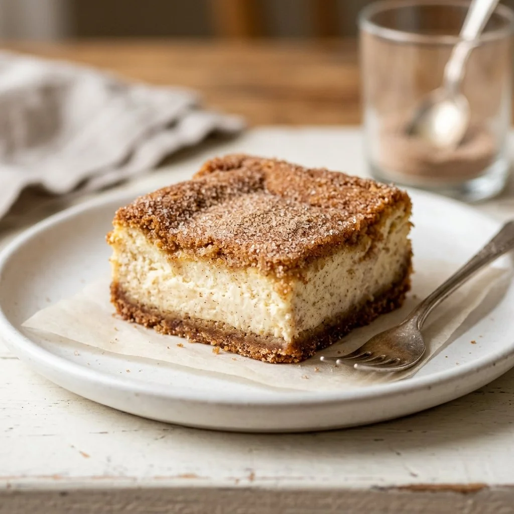 Delicious churro-style cheesecake bars topped with cinnamon sugar