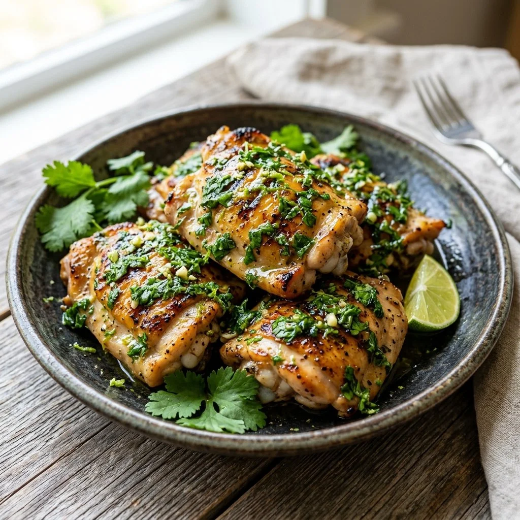 Delicious cilantro lime chicken garnished with fresh cilantro and lime slices