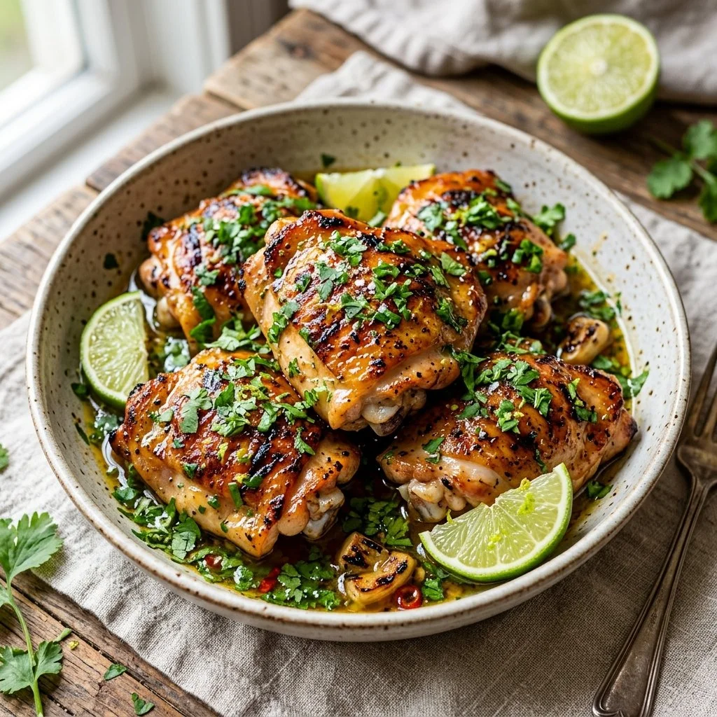 Cilantro lime chicken thighs served with fresh lime and herbs