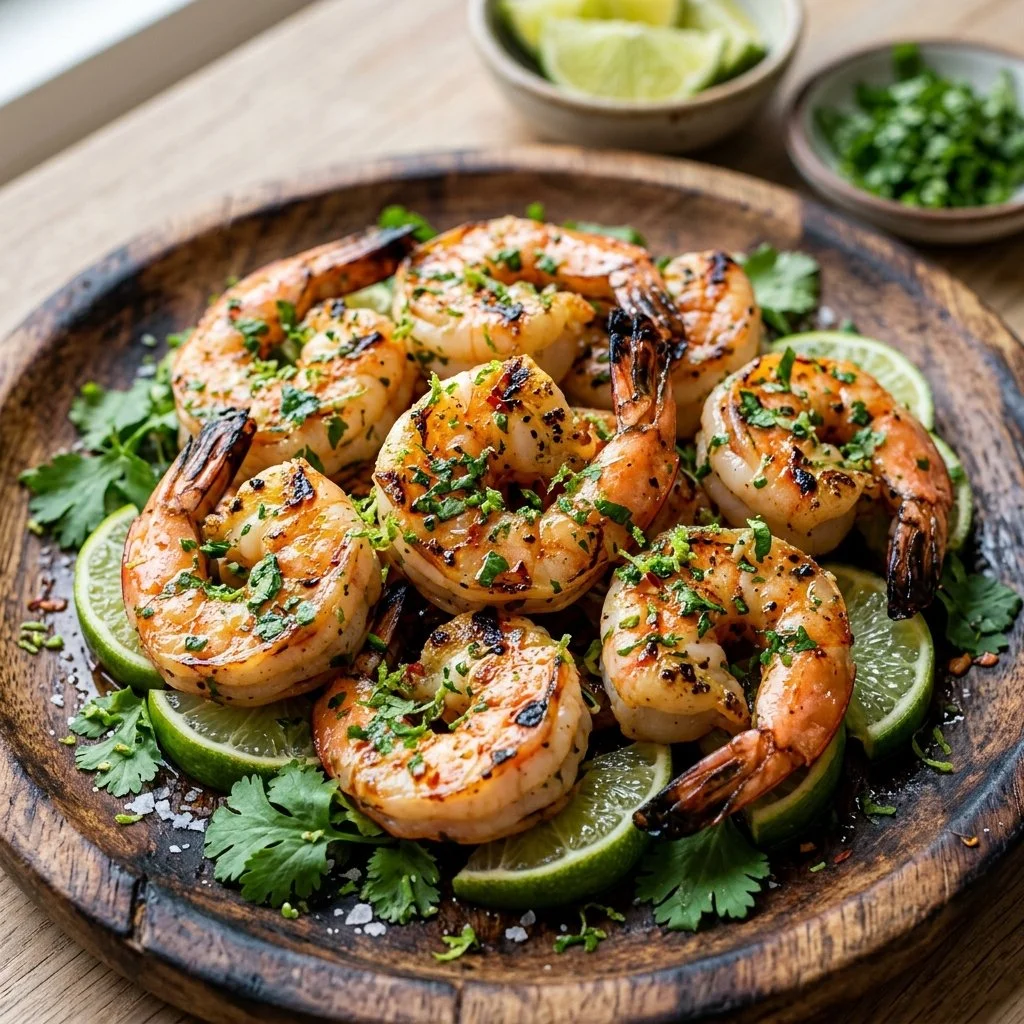 Plate of cilantro lime grilled shrimp garnished with fresh cilantro and lime wedges