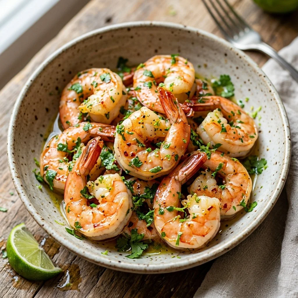 Plate of Cilantro Lime Shrimp garnished with fresh herbs and lime slices