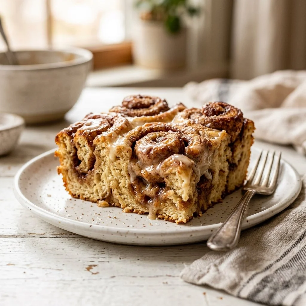 Delicious Cinnamon Roll Casserole fresh out of the oven, topped with icing.