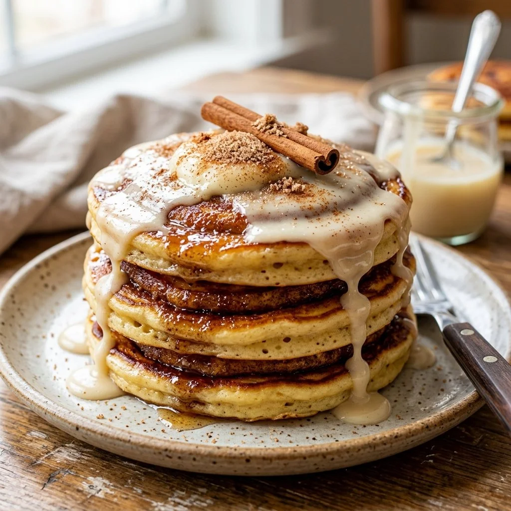 Delicious cinnamon roll pancakes topped with icing on a plate