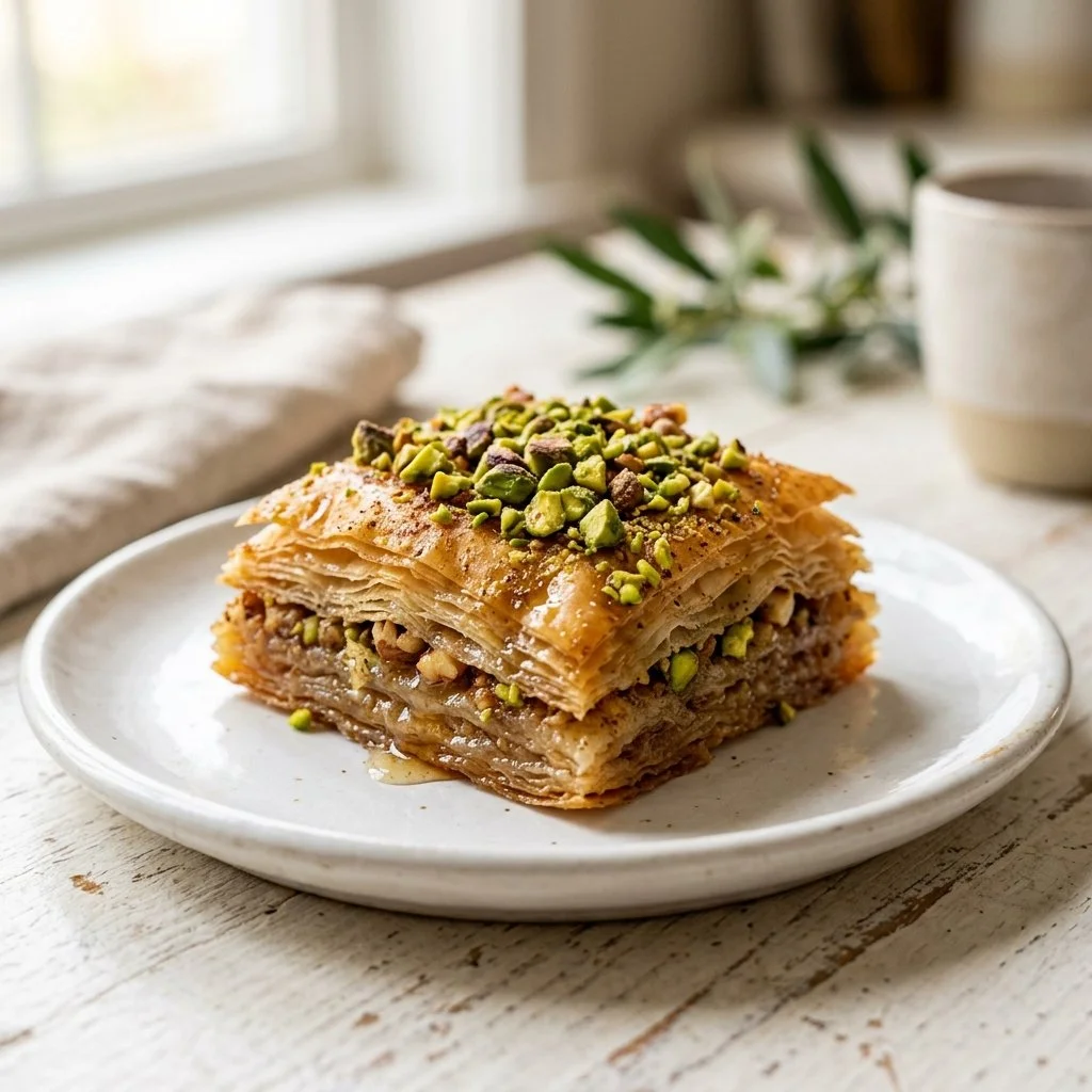 A tray of classic baklava sliced into diamond-shaped pieces topped with honey.