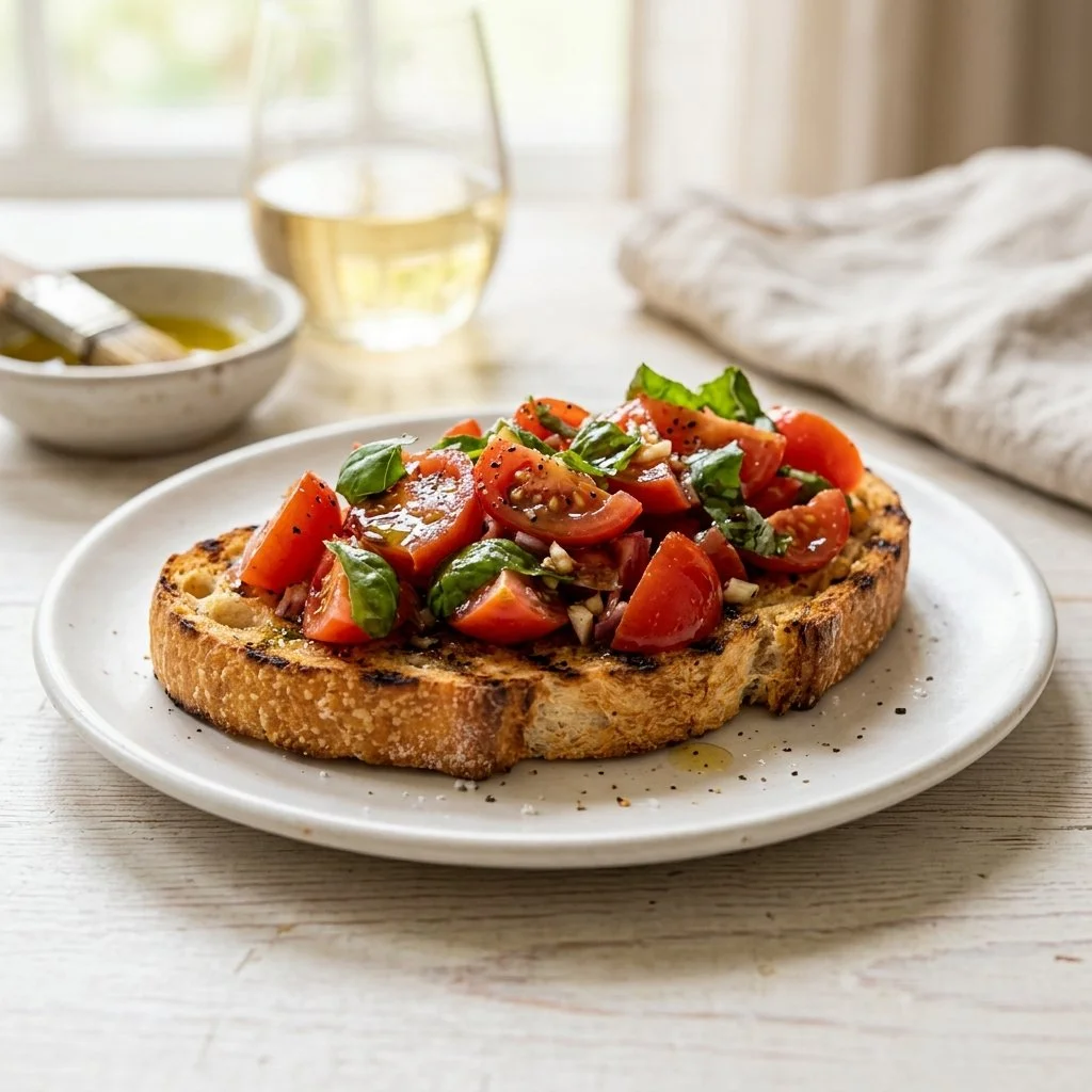 Delicious classic bruschetta topped with tomatoes and basil on toasted bread