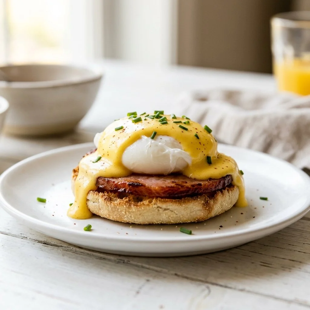 Plate of Classic Eggs Benedict with poached eggs and hollandaise sauce