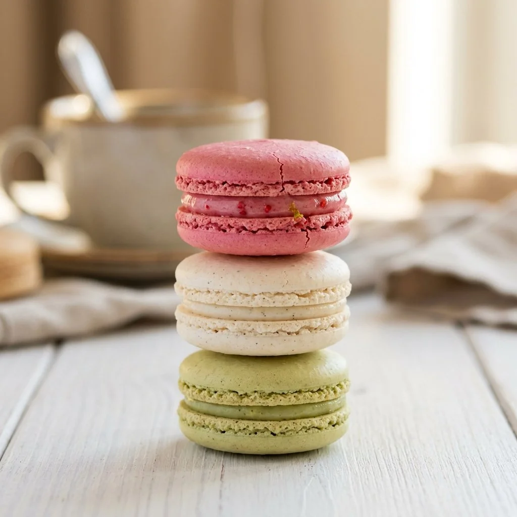Classic macarons in various colors and flavors on a decorative plate