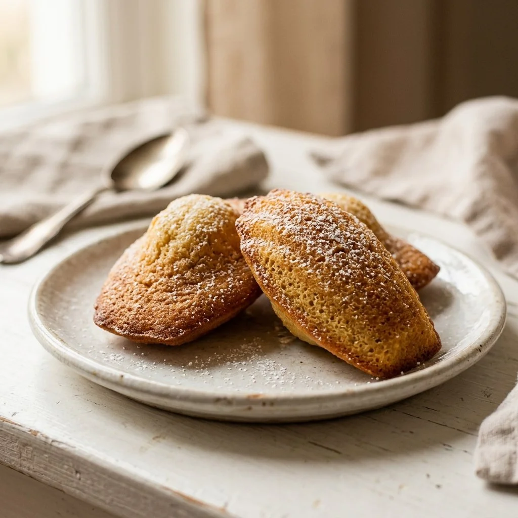 Delicious classic madeleines fresh from the oven, golden and fluffy