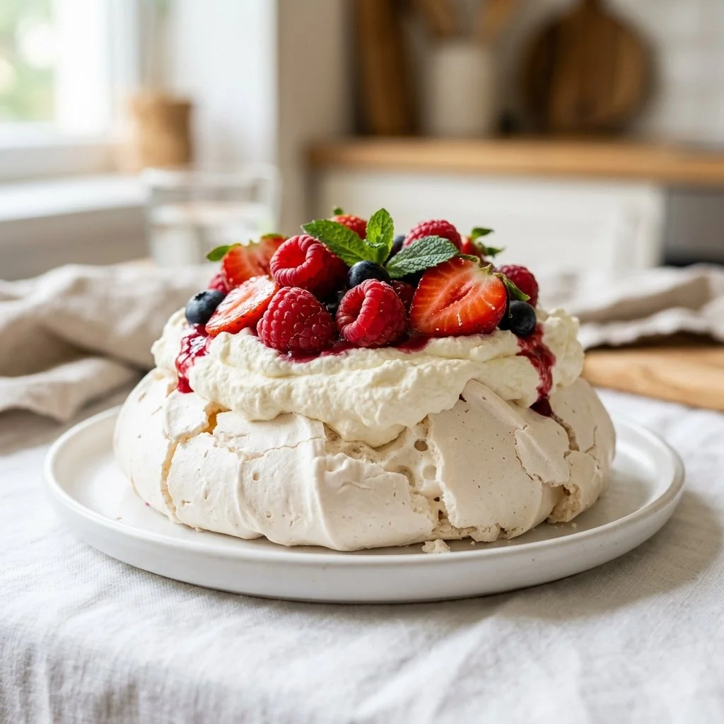 Classic pavlova topped with whipped cream and fresh fruits on a white plate